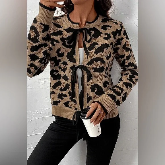 Leopard Animal print bowknot tie open boho bohemian cardigan sweater - Picture 7 of 7